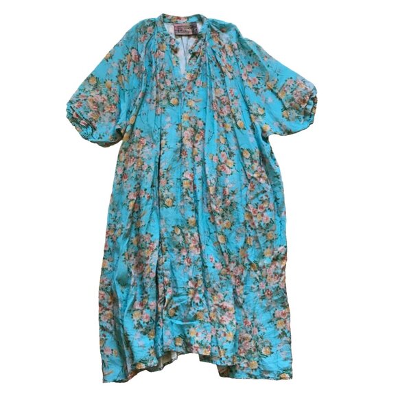By Walid Doris Maxi Dress Womens XL Turquoise Blue Pink Floral Print VNeck Linen